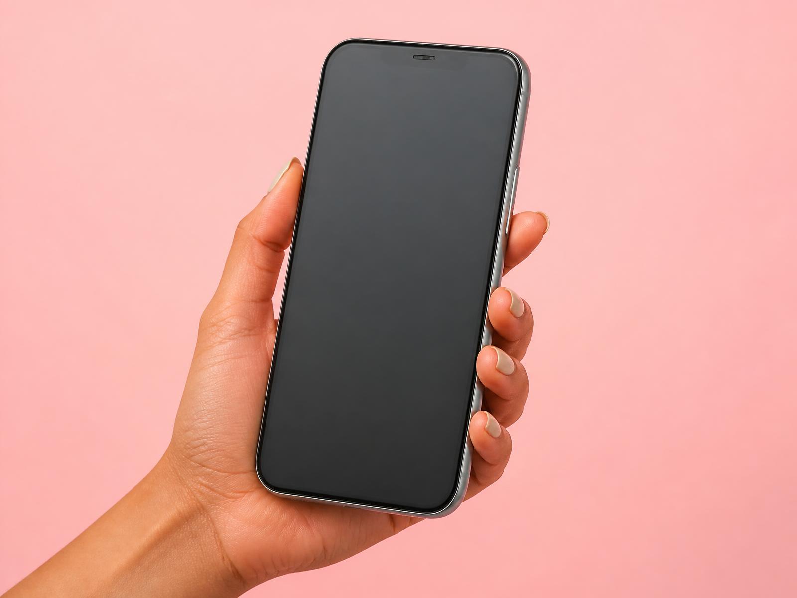 Dłoń trzymająca telefon na różowym tle